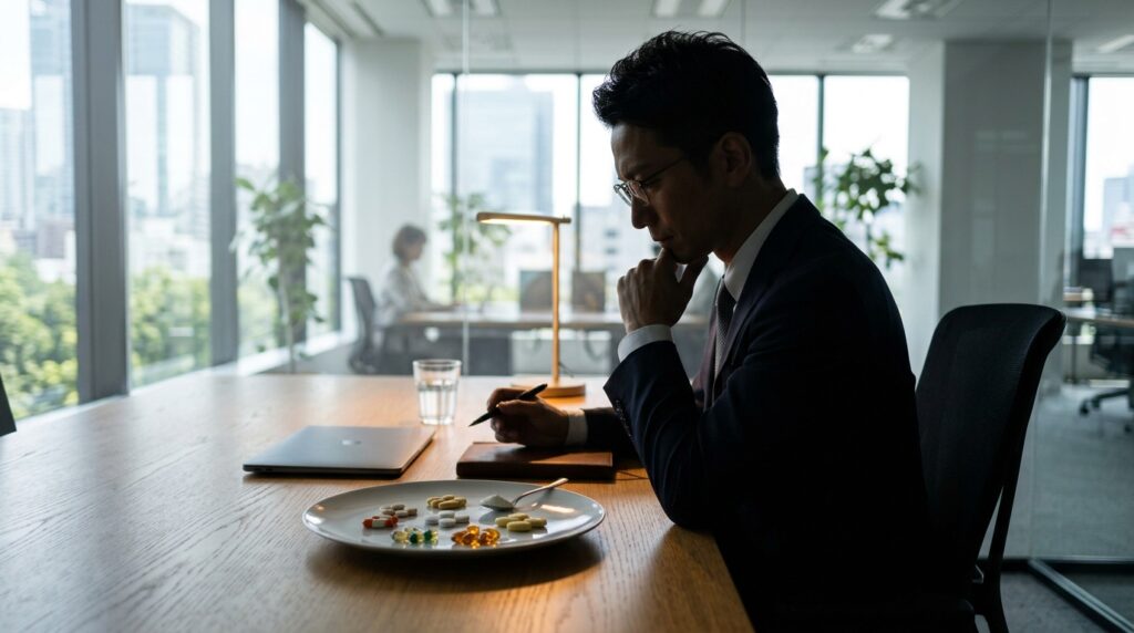 様々な剤形のサプリメントを前に悩む男性