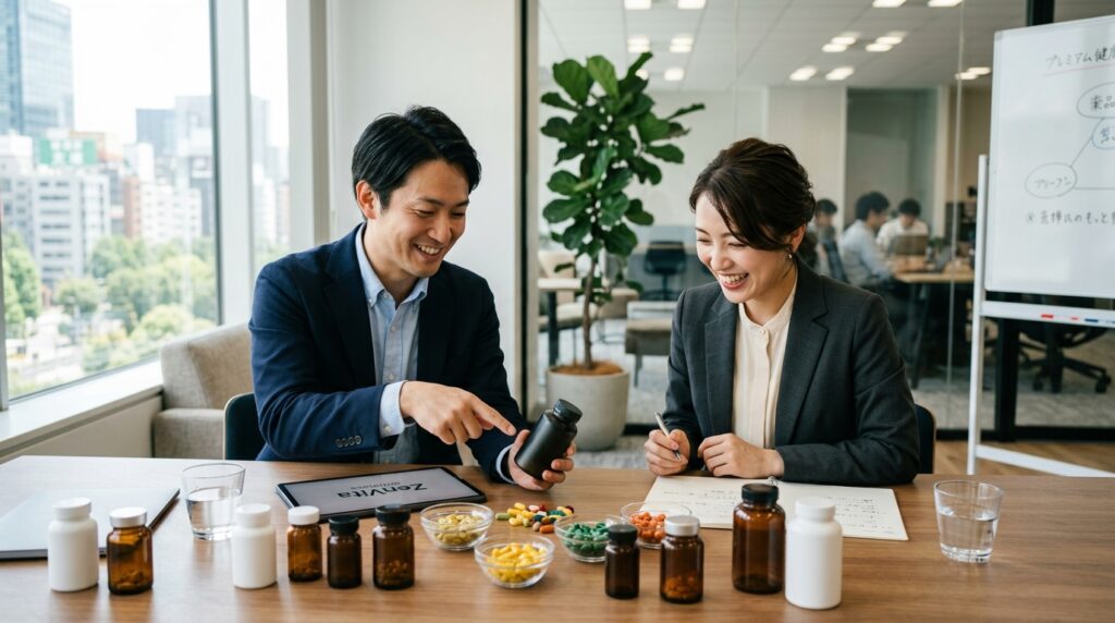 サプリメントについての企画を話し合っている２人の人物